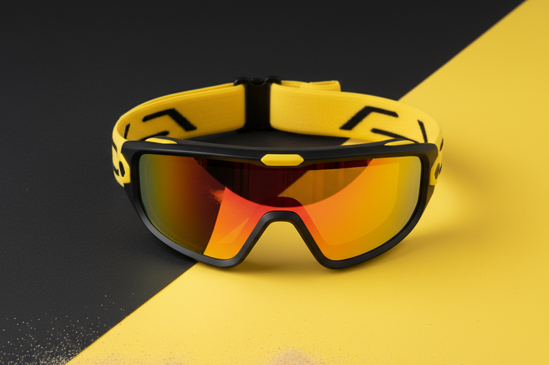 óculos de beach tennis num fundo preto e amarelo